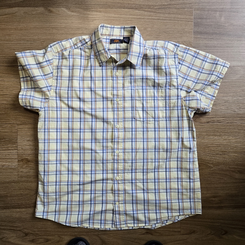 Route 66 Shirt Mens Extra Large Cream Plaid Short Sleeve Button Up Cotton Casual
